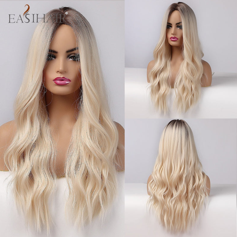 EASIHAIR Lange hellblonde Perücken im Ombré-Stil mit natürlichen Wellen, hitzebeständig, synthetische Perücken, Mittelteil, Cosplay-Perücken für Frauen