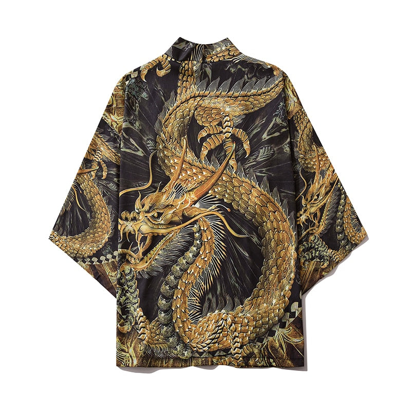 Bebovizi Harajuku Chinese Golden Dragon Kimono Men Women Japanese Streetwear Traditional Cardigan Yukata Male Haori Obi Clothes