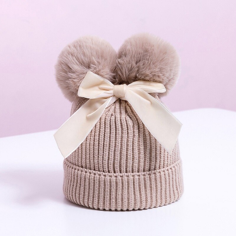 Winter Double Pompom Knitted Hat For Kids Girls Warm Thick Baby Caps With Bow Children&