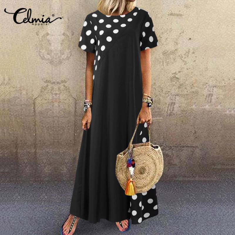 Women Party Summer Long Dress 2023 Celmia Polka Dot Print Maxi Sundress Bohemian Short Sleeve Casual Loose Vestidos O-neck Robe