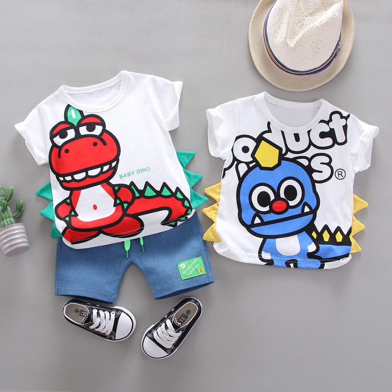 Ropa de algodón para niños, camisetas de verano con estampado de dinosaurios para bebés, pantalones cortos de mezclilla, 2 unids/set, chándales para niños pequeños