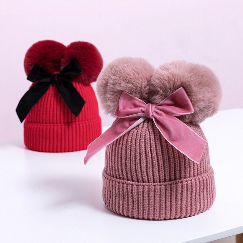 Winter Double Pompom Knitted Hat For Kids Girls Warm Thick Baby Caps With Bow Children&