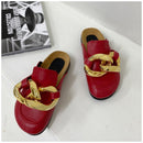 SUOJIALUN New Brand Design Goldkette Damen Slipper Closed Toe Slip On Mules Schuhe Round Toe Low Heels Casual Slides Flip Flop