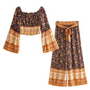 New Bohemian Geraffte Elastische Slash Neck Blumendruck Pullover Shirt Braun 2019 Frauen Tide Bow Elastische Taille Hosen 2 Stück Set