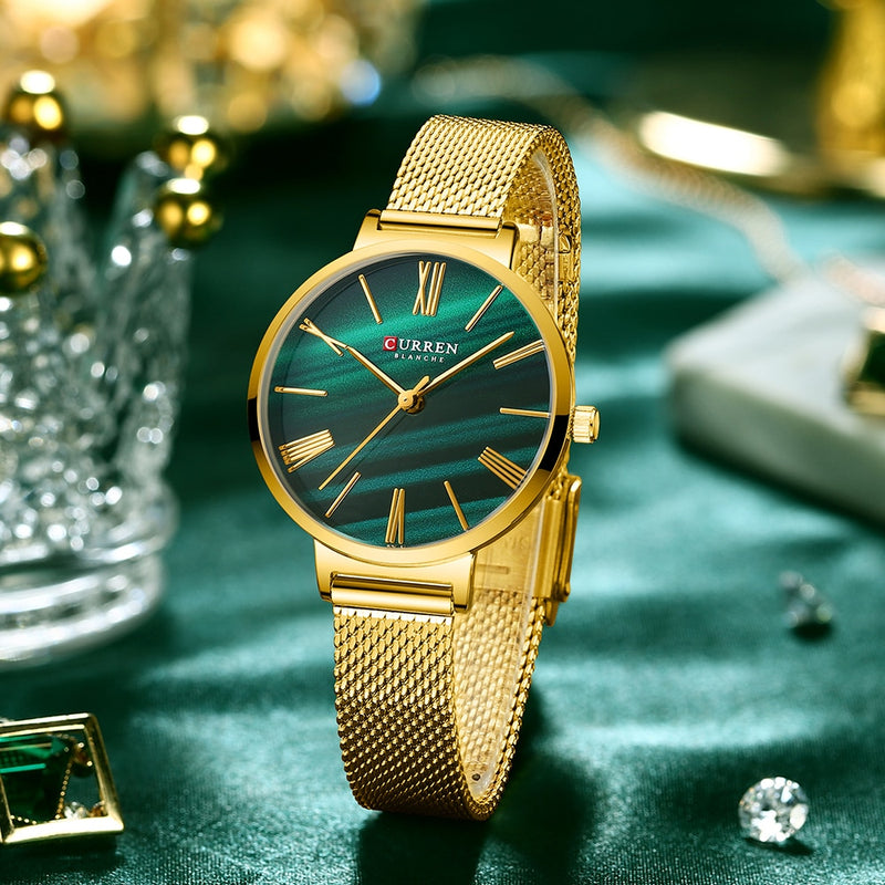 CURREN Fashion Luxury Watches for Women Malachite Green Quartz Dress Bracelet Wristwatch with Leather Female Clock