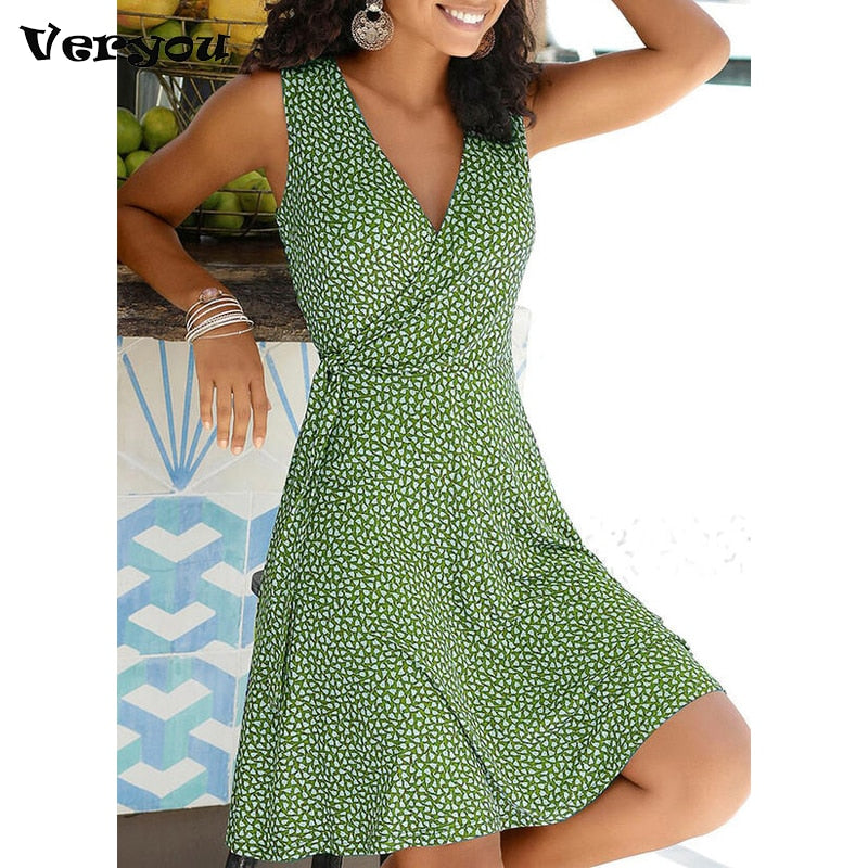 2021 New Casual Polka Dot Dress Women V Neck Sleeveless Bandage Beach Dress Summer Bohemian Dresses For Women Free Shipping