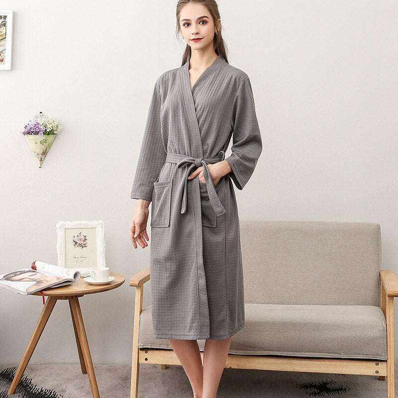 Frauen Sommer 2021 Langer Weicher Bademantel Pyjama Kimono Solide Waffel Bademantel Mit Schärpen Morgenmantel Nachtwäsche Weibliche Homewear