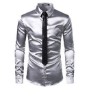 2 uds camisa de seda plateada + corbata para hombre satén suave esmoquin camisas Casual botón abajo hombres vestido camisas boda fiesta graduación Chemise Homme
