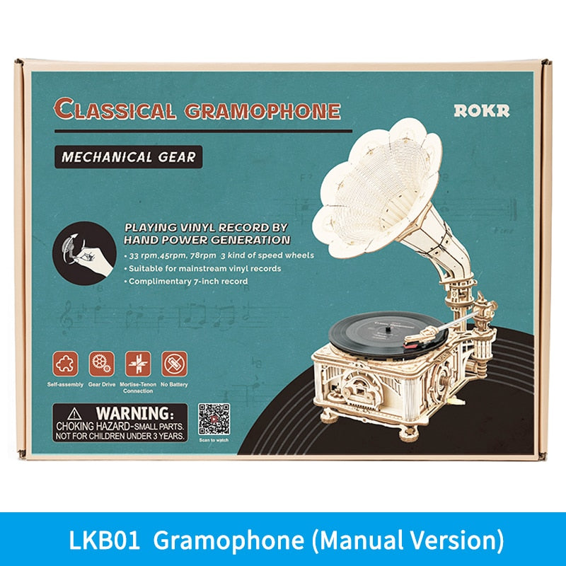 Robotime ROKR DIY Hand Crank Classic Gramophone Wooden Puzzle Model Building Kits Assembly Toy Gift for Children LKB01