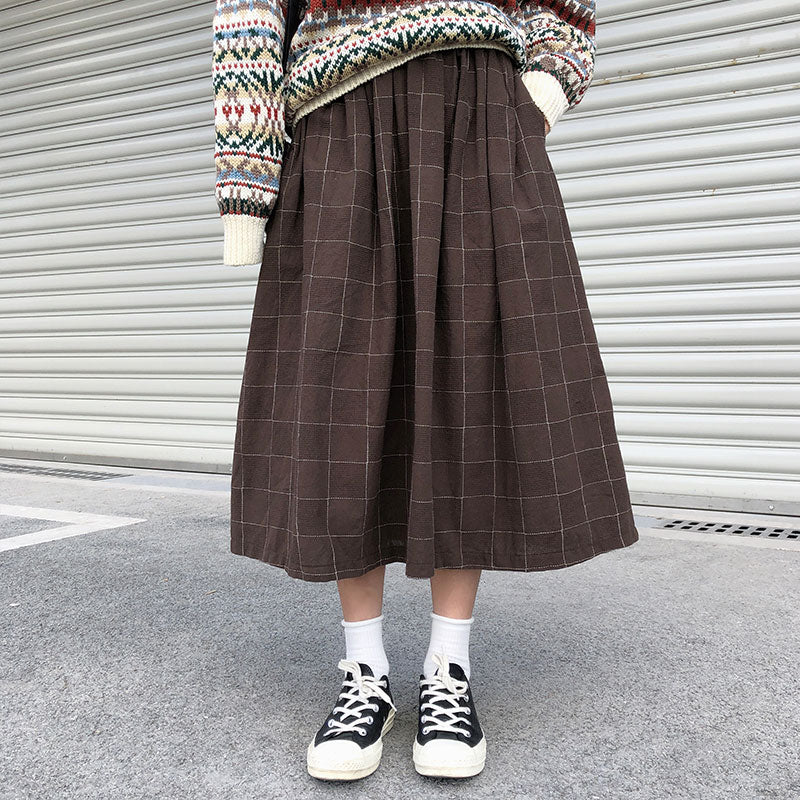 2 colors japanese style high elastic waist Long Skirts Woman 2019 autumn winter plaid A-line pleated Skirts womens (X1078)