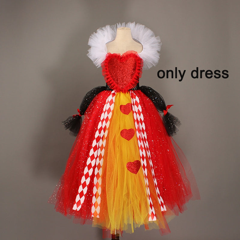 Girl Queen of Hearts Costume Wonderland Fairy Tale Fancy Dress Sparkly Kids Evil Red Queen Tutu Dress Halloween Villain Clothes