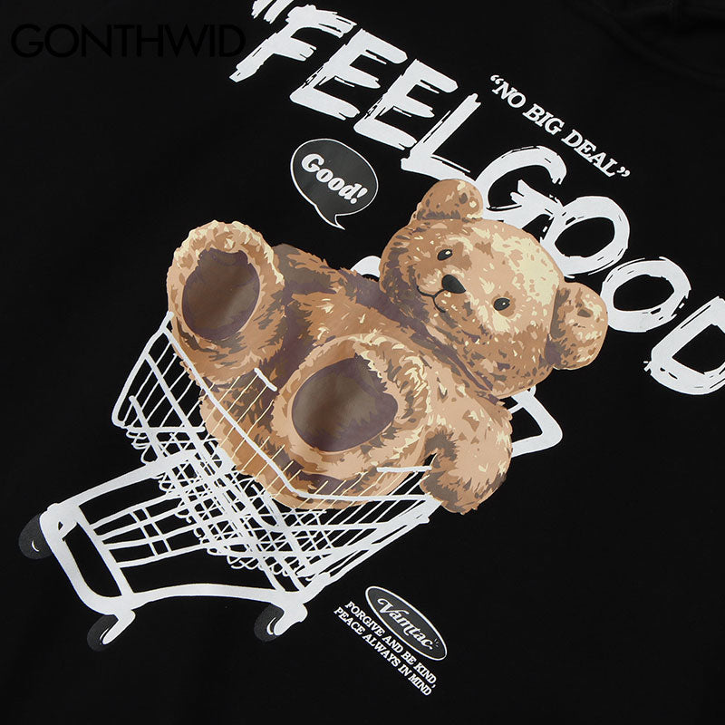 GONTHWID Men Hip Hop Hoodie Sweatshirt Streetwear Funny Bear Print Hooded Harajuku Winter Cotton Fleece Pullover Khaki Black