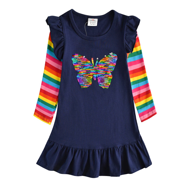 DXTON Winter Kids Dresses For Girls Flying Sleeve Unicorn Children Dress Star Stripe Toddler Cotton Clothing Causal Girls Dress