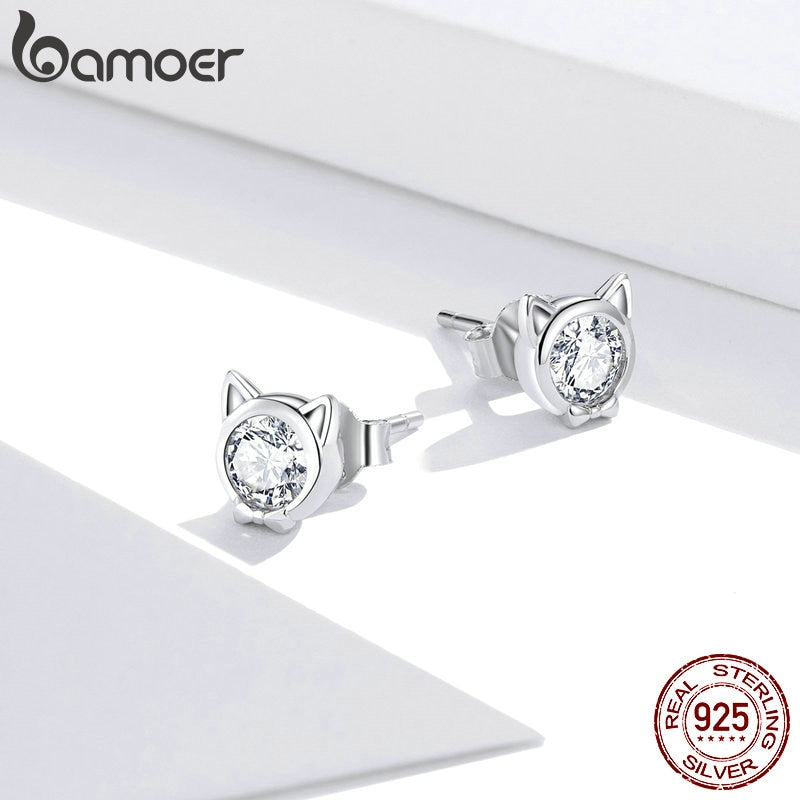 bamoer Cute Cat Stud Earrings for Women 925 Sterling Silver Minimalist Animal Ear Studs Engagement Statement Jewelry SCE899