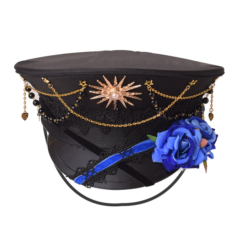 Black Cross Gothic Lolita Military Hat Cap für Frauen Female Sailor Captain Flat Steampunk Karneval Halloween Haarschmuck