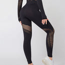 Conjuntos de Yoga, ropa de gimnasio para mujer, Tops cortos de manga larga sin costuras, mallas deportivas de malla, pantalones de entrenamiento para correr, pantalones de cintura alta, ropa de Fitness