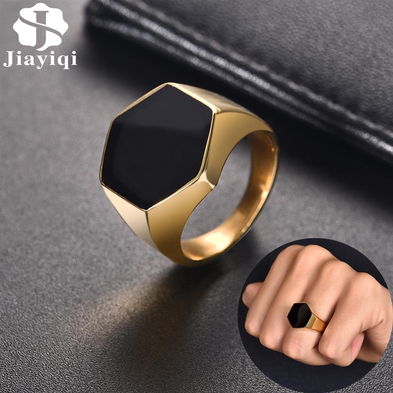 Jiayiqi Men Stainless Steel Band Ring Geometry Rhombus Gold Color Fashion Mens Hiphop Punk Jewelry Male Finger Rings Anel