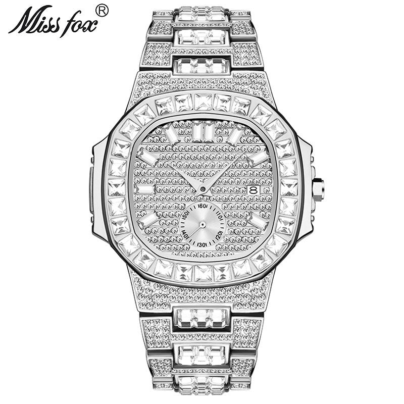 MISSFOX Luxury Men Watch Gold 18K Model Fully Paved Baguette Diamond Mens Watches Waterproof Calendar Male Clock Hours