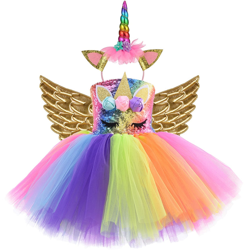 Rainbow Sequin Unicorn Kids Dress Up Costumes Princess Girl Dress Party Costume Halloween Flower Girls Dresses for Weddings Knee