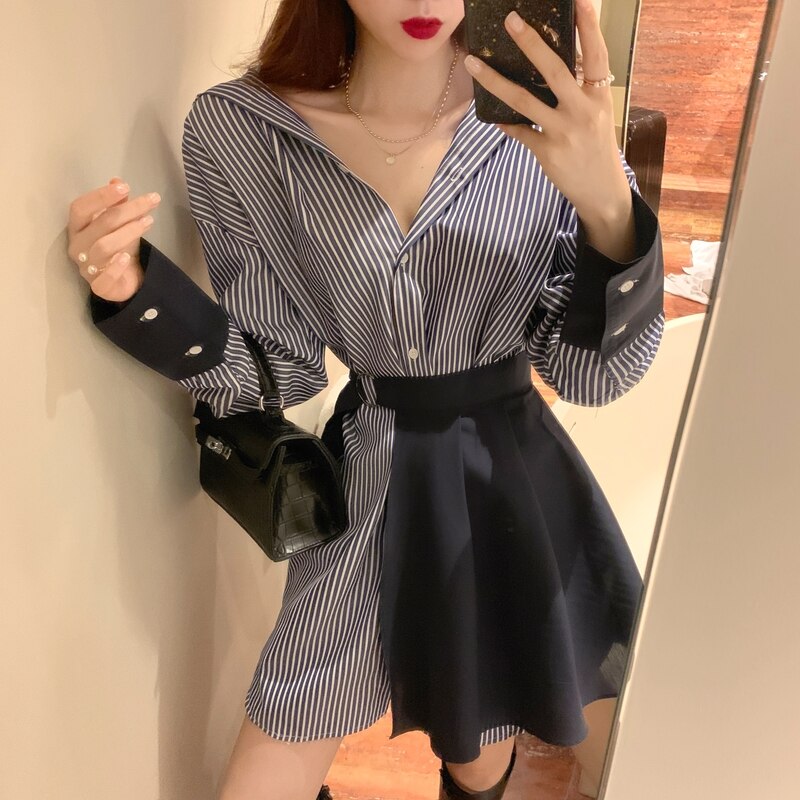 2020 Autumn Women Two Pieces Sets Stripe Long Sleeve Blouse Dress + Lace Up Mini Skirt Korean Fashion 2PCS Suit Womens Clothing