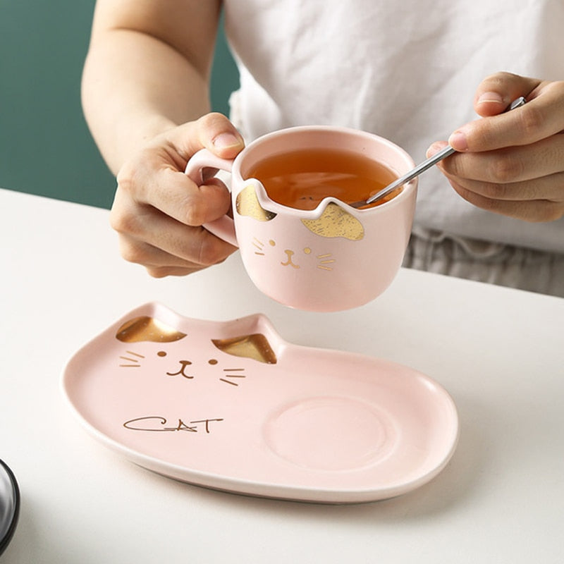 Juegos de tazas de café de cerámica con diseño de gato de dibujos animados, taza de té, plato de postre, conjunto creativo de taza de café y platillo, cuchara para regalar