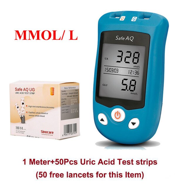 Sinocare Safe AQ UG mg/dL Blutzucker- und Harnsäuremessgerät &amp; Glukose-/Harnsäurestreifen für Diabetiker Gicht-Glukosemessgerät Multipack