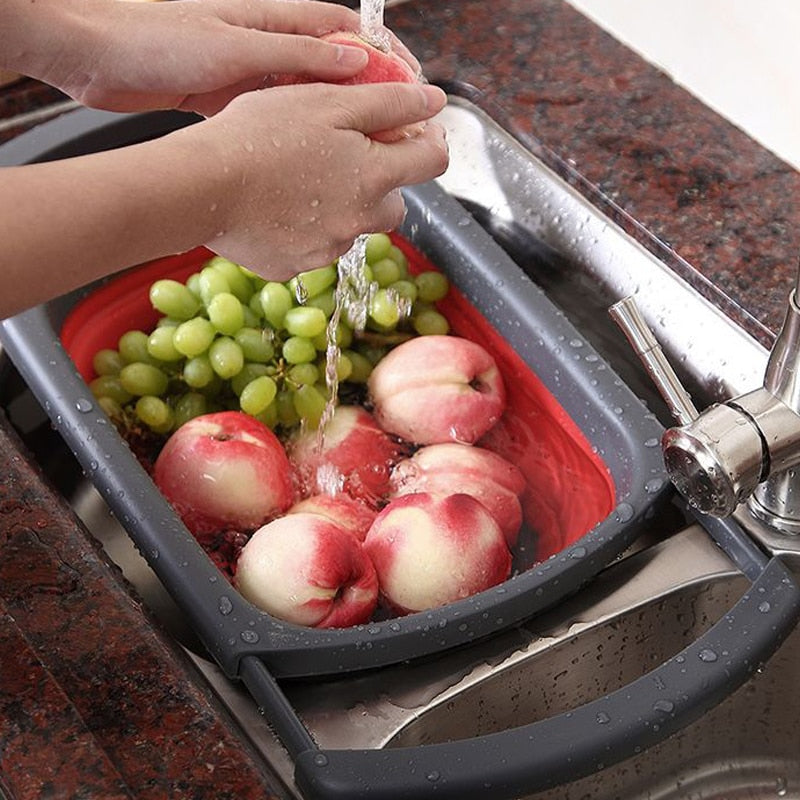 Fruit Vegetable Collapsible Colander Eco-friendly Foldable Kitchen Strainer Folding Drain Baskets With Retractable Handles