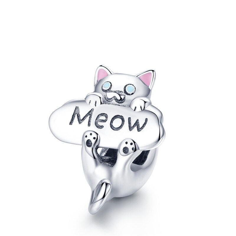 WOSTU Cute Cat Charms 925 Sterling Silver Animal Pussy Zirconia Beads Fit Original Bracelet Pendant DIY Necklace Jewelry