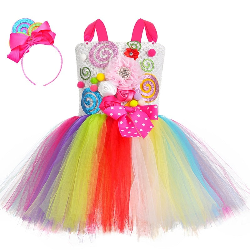 Süßes Regenbogen-Tutu-Kleid für Mädchen, Halloween, Geburtstag, Party, Kleidung, Kinder, Blumen, Schleife, Lutscher, Süßigkeiten-Kostüm mit Stirnband