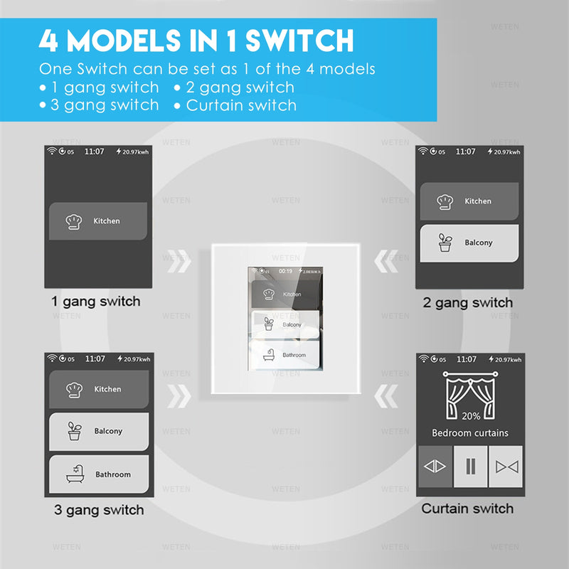 Smart Switch Homekit Wifi Light Switch Curtain Switch, LCD Screen Touch Panel, with RGB LED Ambient Light, for Alexa Google Home