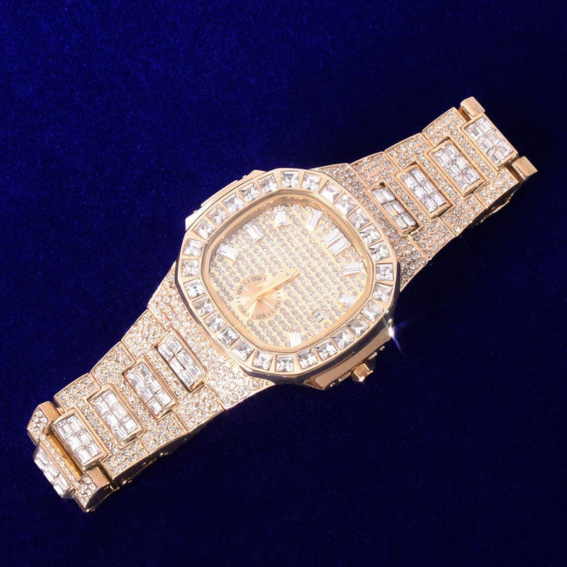 Reloj de hombre con letras de burbujas, reloj de cuarzo de hielo, Baguette de lujo, diamantes de imitación, resistente al agua, reloj masculino, tendencia 2021