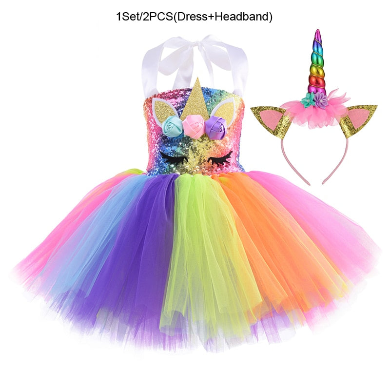 Regenbogen Pailletten Einhorn Kinder verkleiden sich Kostüme Prinzessin Mädchen Kleid Party Kostüm Halloween Blumenmädchen Kleider für Hochzeiten Knie