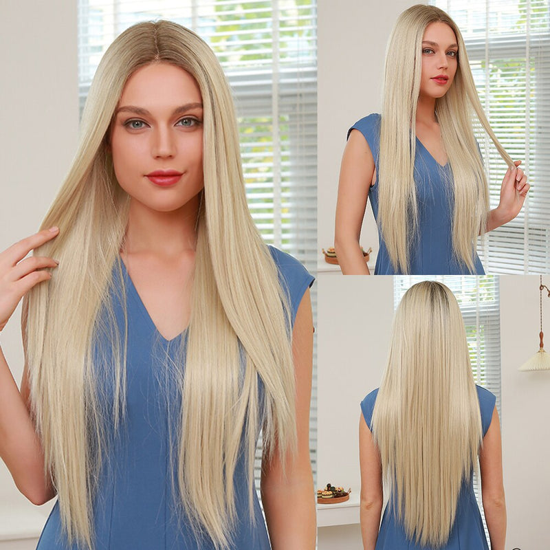 EASIHAIR Long Silky Straight Brown Blonde T Part Lace Wigs with Baby Hair High Density Heat Resistant Synthetic Wigs for Women