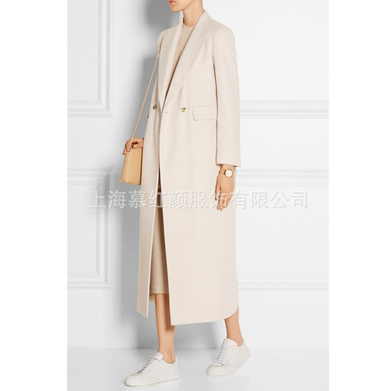Frauen-Winter-Mantel-Wolle 2022 neue zweireihige Kaschmir-Weinlese-elegante Jacke Art- und Weiseoberbekleidung-weißer X-langer Mantel-Frau
