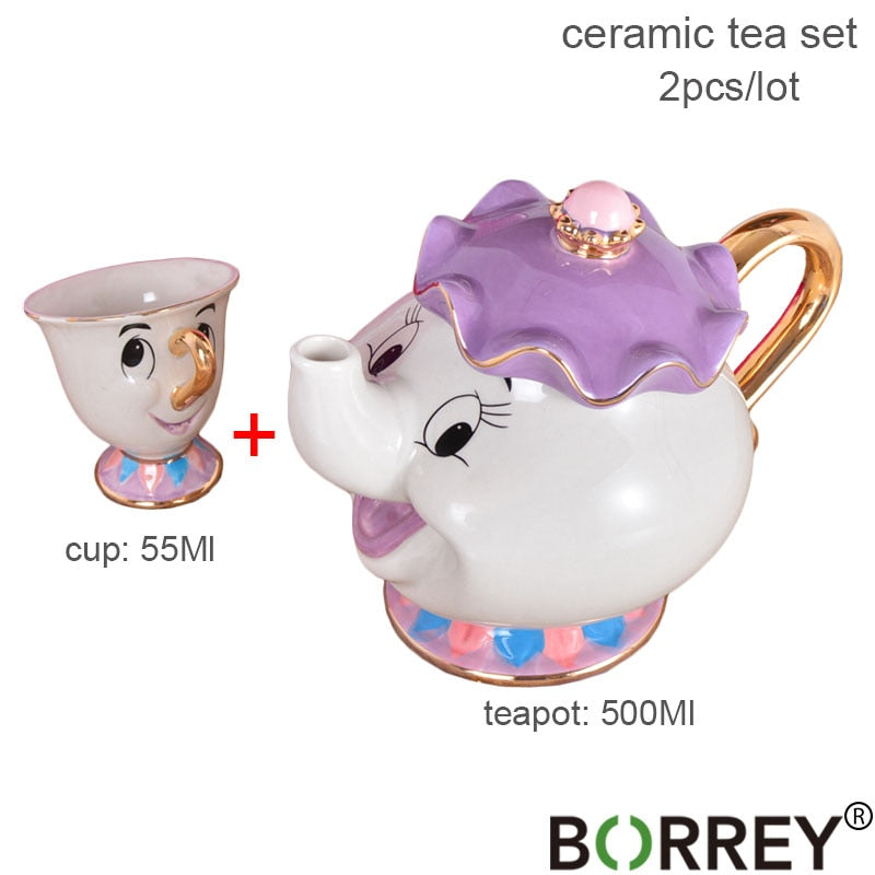 Juegos de té de cerámica BORREY, taza de tetera de La Bella y La Bestia, taza de té con Chip Mrs Potts, taza de café, regalo de boda, decoración de mesa