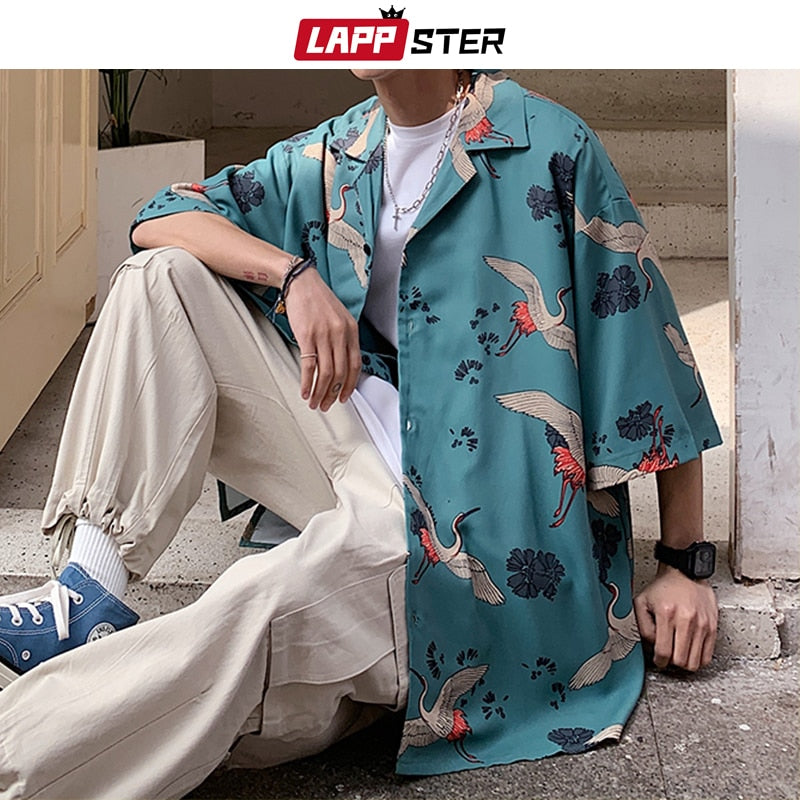 LAPPSTER Y2k Crane Print Shirts Harajuku Trainingsanzüge 2022 Sommer Vintage Button Up Kurzarmhemden Korean Suit Set Shorts