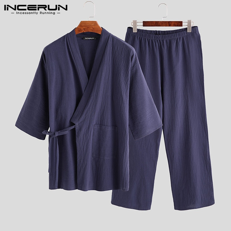 Kimono japonés para Hombre, trajes de pijama, bata para Hombre, 2 unids/set, albornoz de salón, ropa de dormir, pijamas cómodos de algodón sueltos para Hombre