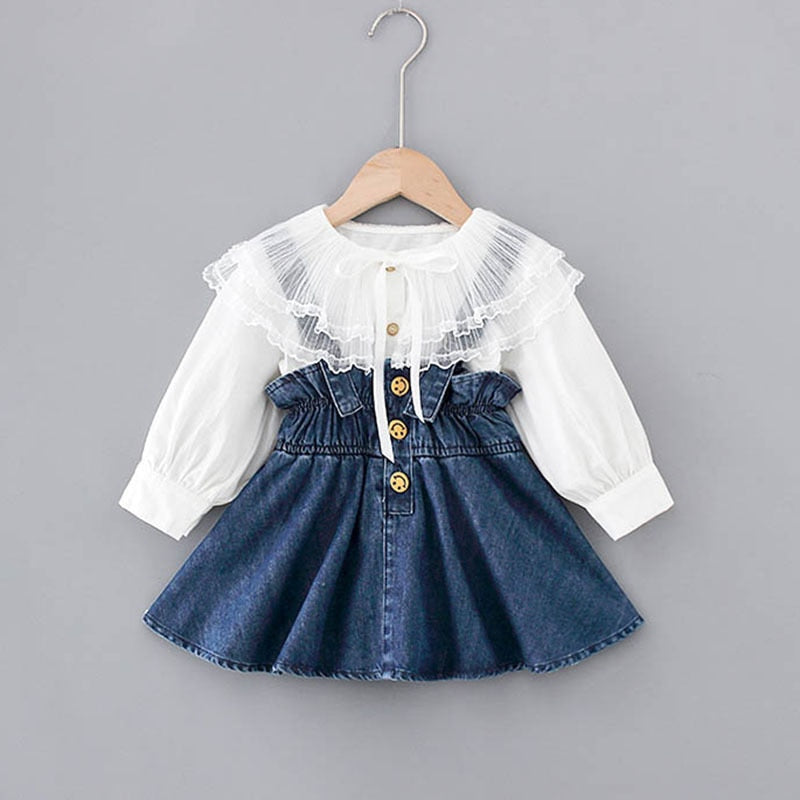 Herbst-Säuglingsbaby-Kleidungs-Satz-süße Spitze-großes Revers langärmliges Hemd + Cowboy-Kleid 2pcs stellte Denim-Prinzessin ein