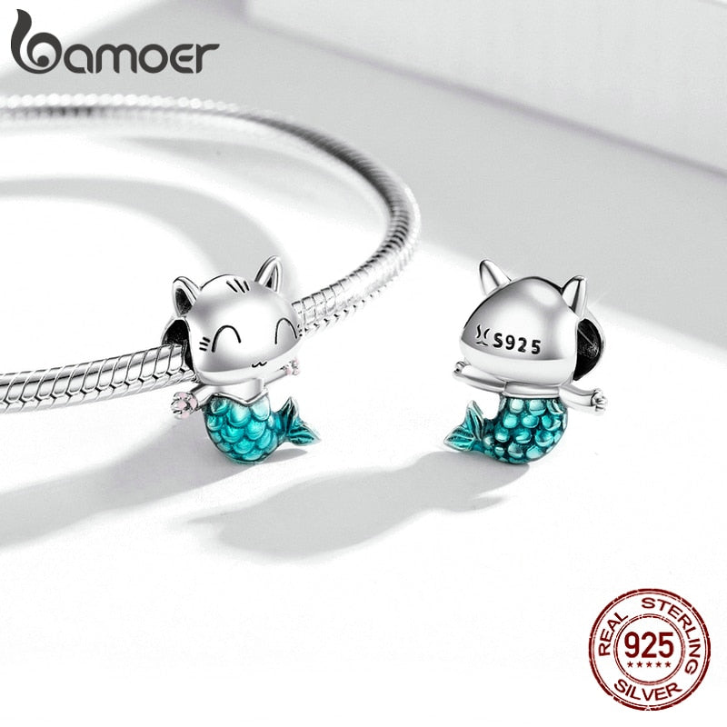 bamoer 925 Sterling Silver Kitty Mermaid Charm Blue Enamel Bead Pendant for Charm Bracelet Bangle DIY Making for Girl