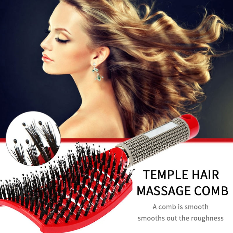 Cepillo de pelo caliente Huiyun, peine masajeador de cerdas de jabalí para el cuero cabelludo, cepillos de enredos rizados húmedos de nailon para mujer, estilismo de peluquería para desenredar el salón