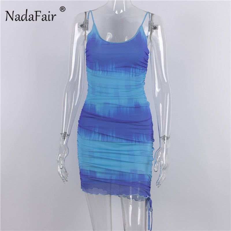 Nadafair Tie Dye Strap Bodycon Mini Dress Party Club V Neck Ruched Bandage Wrap Short Sleeveless Sexy Dress Women Summer