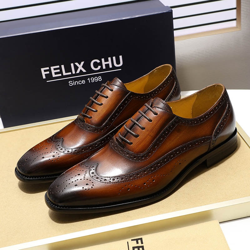FELIX CHU Classic Wingtip Medaillon Brogue Oxford Herren Abendschuhe Echtes Leder Schwarz Braun Schnürschuhe für Herren