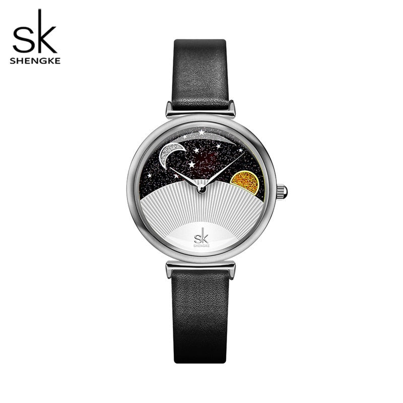 Shengke Fashion Blue Women Watch Quartz Lady Leather Watch For Women Casual Waterproof Wristwatch Romantic Moon Stars Dial