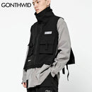 GONTHWID Multi Zipper Pockets Cargo Waistcoat Tooling Vest Streetwear Men Fashion Side Ribbon Buckle Zip Sleeveless Jackets Tops