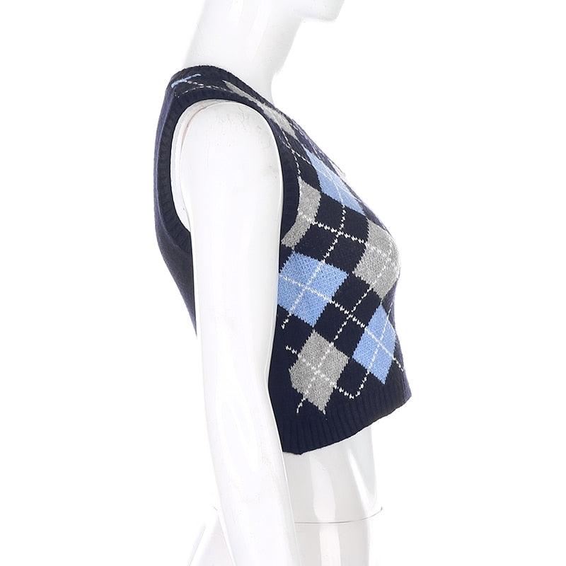 Sweetown Argyle Plaid Strick Tank Top Damen Strickwaren Adrette Kleidung V-Ausschnitt Lässige Crop Pullover Weste 90er Streetwear