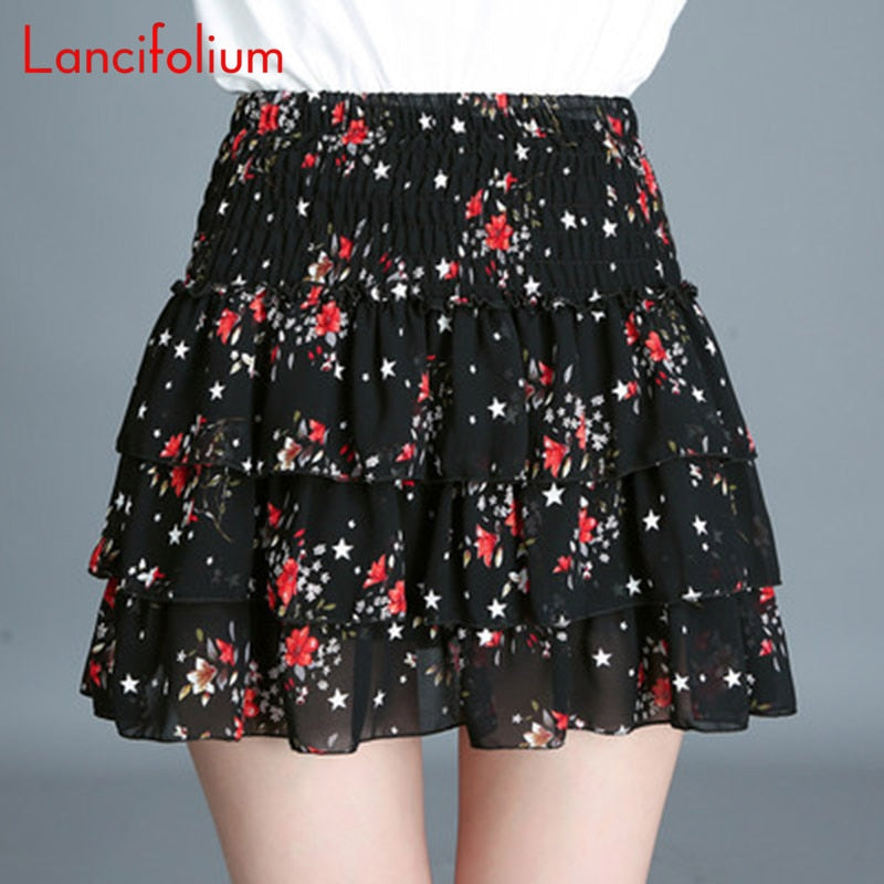 Cake Skirt Women Floral A Line Chiffon Mini Skirt Korean Kawaii Elastic High Waist Tiered Black White School Pleated Skirts B006