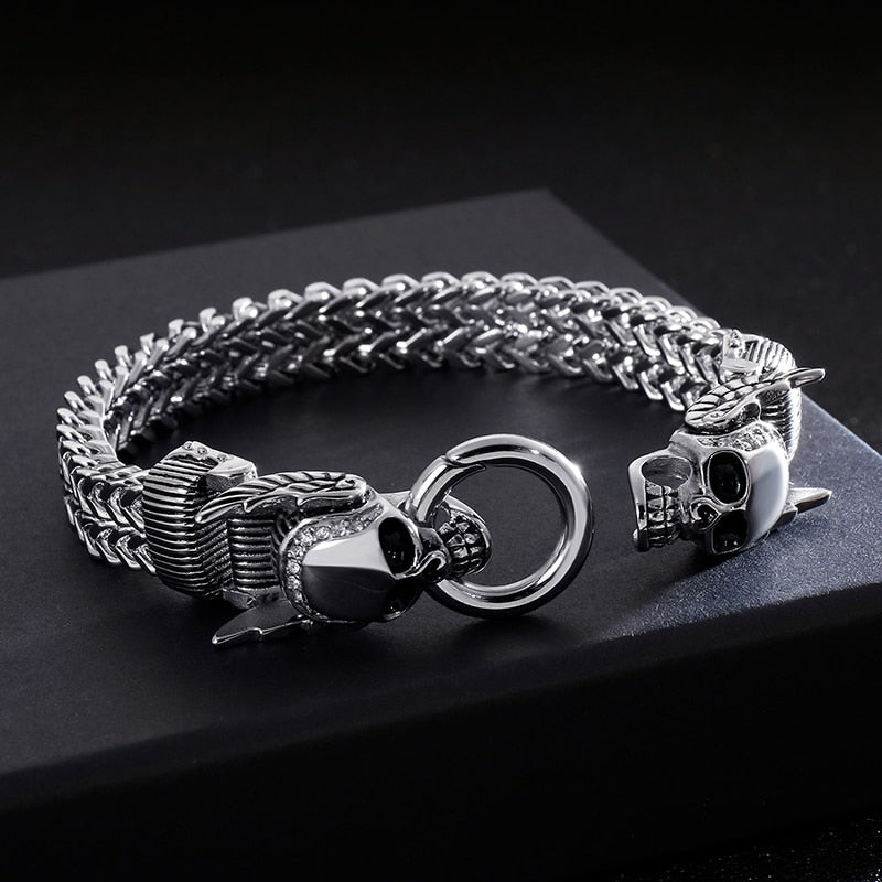 Kalen Gothic Halloween  23cm Chunky Mesh Chain Bracelet For Men Punk Skull Charm Bracelet Stainless Steel Skeleton Accessories J