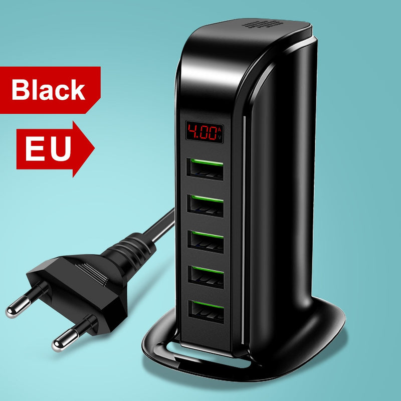 Elough 5-Port-USB-Ladegerät HUB LED-Anzeige Multi-USB-Ladestation Dock Universal-Handy-Desktop-Wand-Heim EU-US-UK-Stecker