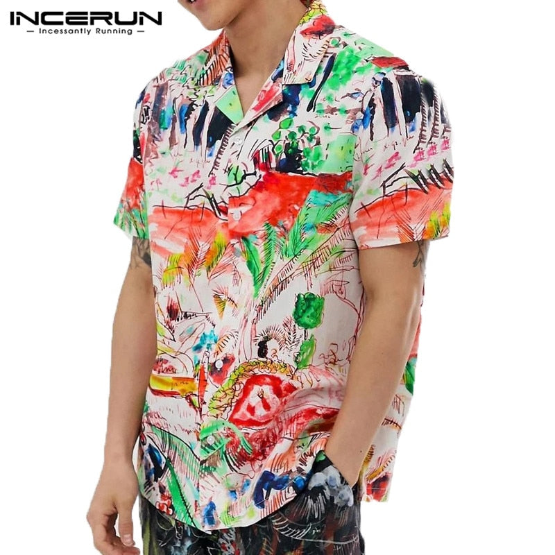 Camisa estampada de verano para hombre, ropa de calle de manga corta con cuello vuelto, camisas hawaianas holgadas elegantes para hombre, Camisa de vacaciones INCERUN 2022