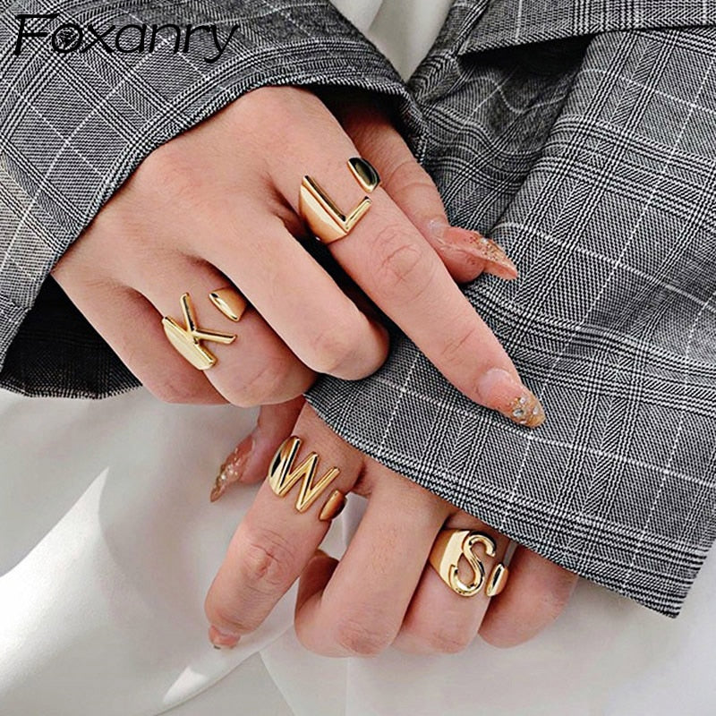Foxanry 925 Stamp 26 English Letter Rings for Women Fashion Vintage France Gold Plated Irregular Party Jewelry Gifts